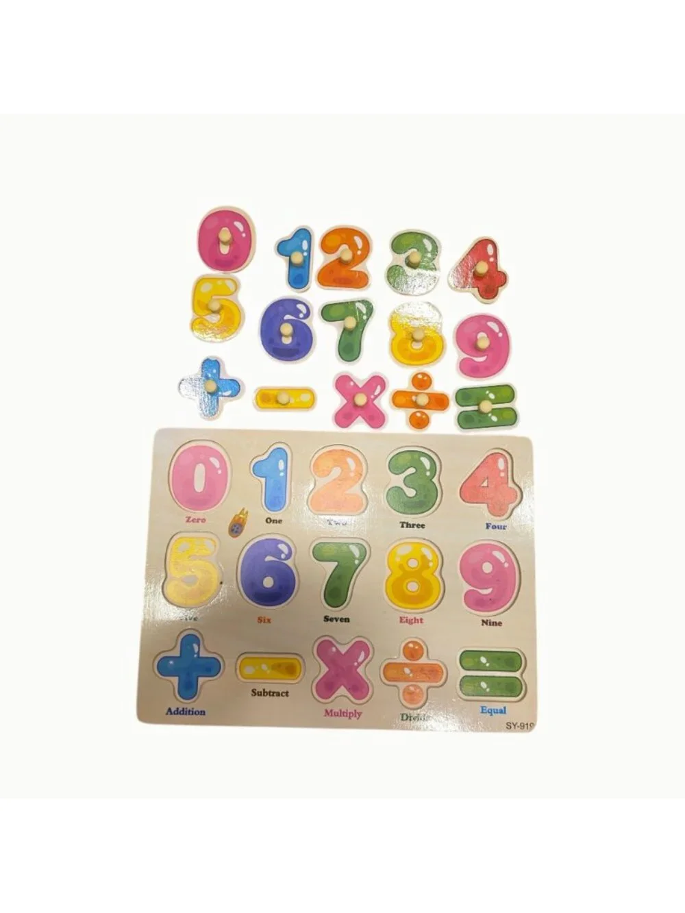 Wooden Number Puzzle Board 0-9 Math Symbols Educational Learning Toy Peg Pieces
